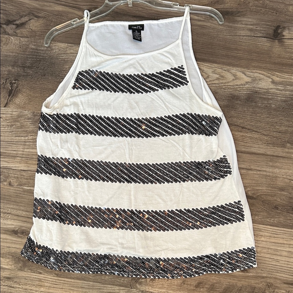 Rue21 White Tank Top with Black Sequin Stripes